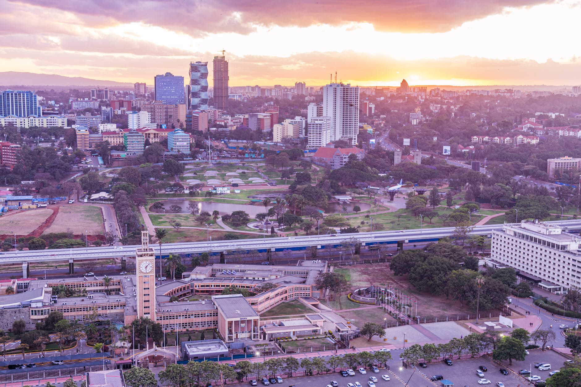 aerial view of downtown nairobi kenya at sunset